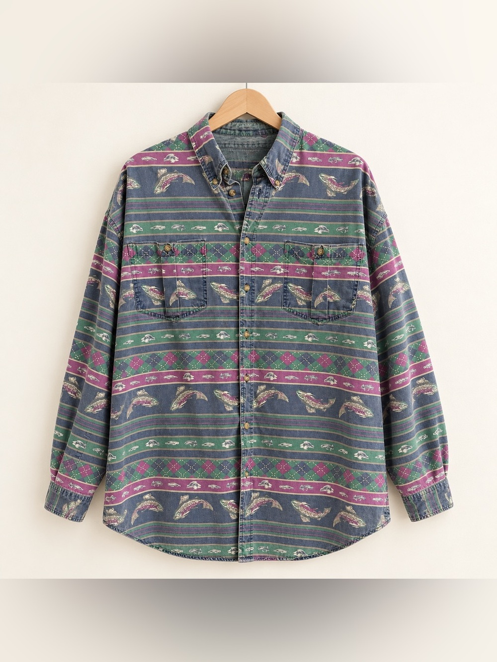 Vintage Rainforest Men’s L Fish Argyle Button-Down Shirt 90s Fishing